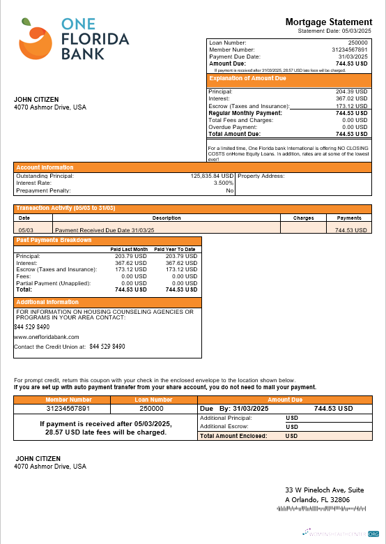 Download USA One Florida bank mortgage statement in Word and PDF formats Photoshop template